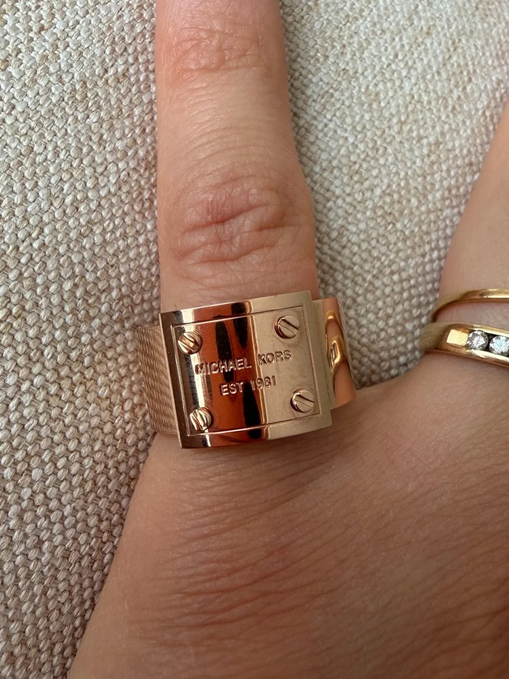 Michael Kors Rose Gold Wide Plate Ring with Screw Detail